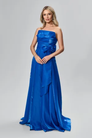 Rochie de ocazie premium din satin cu funda in talie Klarinda Albastra