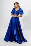 Rochie de ocazie premium din satin cu maneci bufante Opulence Albastra