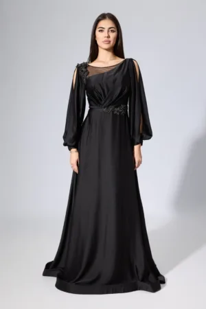 Rochie de ocazie premium din satin cu maneci despicate si flori cu strass-uri Dionisia Neagra