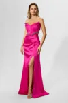 Rochie de ocazie premium din satin cu strass-uri Sarrya Fucsia
