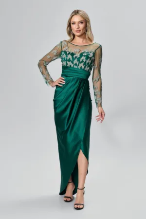 Rochie de ocazie premium din satin cu tull si strass-uri Kaledonia Verde