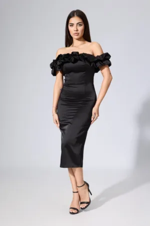 Rochie de ocazie premium din satin cu volane la bust Cocktail Neagra