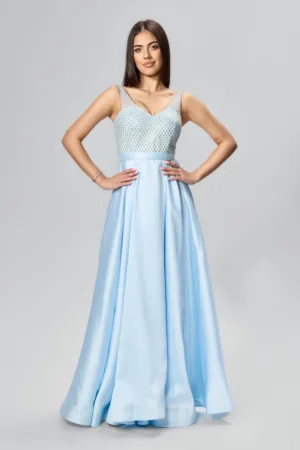 Rochie de ocazie premium din tafta cu glitter auriu Empire Bleu