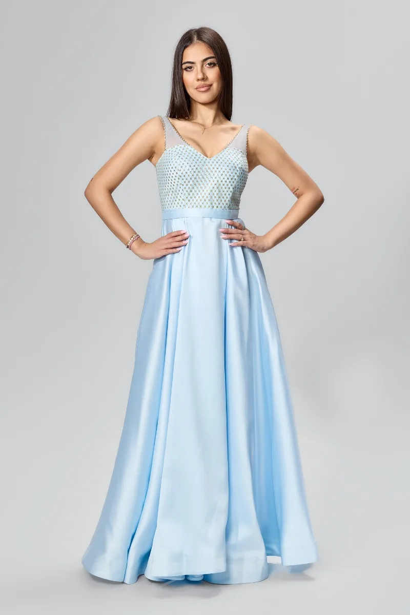 Rochie de ocazie premium din tafta cu glitter auriu Empire Bleu