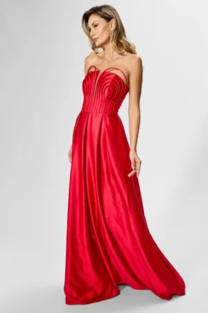 Rochie de ocazie premium din tafta satinata cu detalii 3D Chelsea Rosie