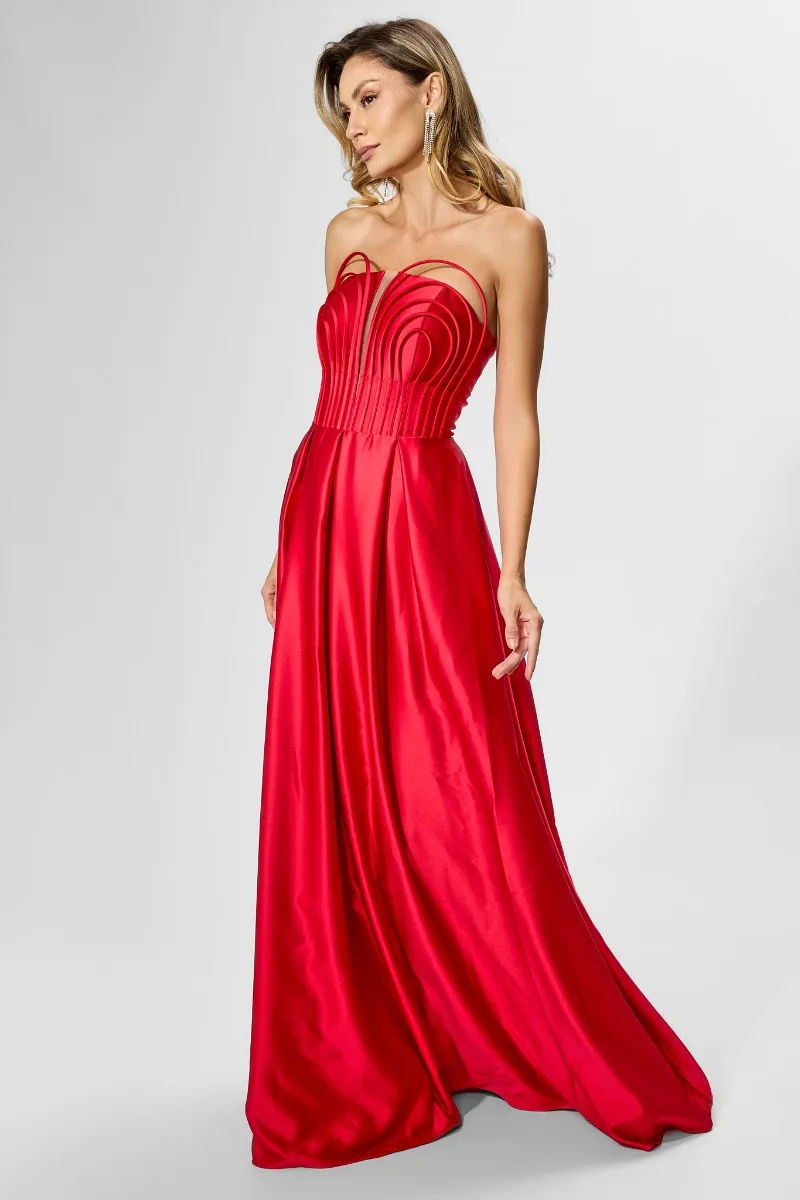 Rochie de ocazie premium din tafta satinata cu detalii 3D Chelsea Rosie