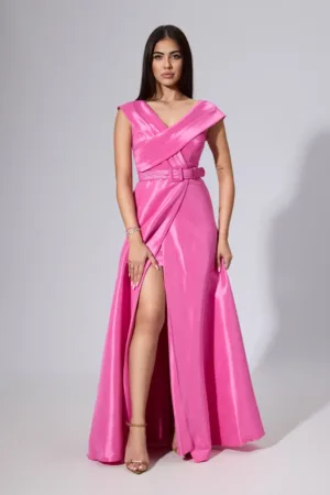Rochie de ocazie premium din tafta satinata cu pliuri pe bust Davine Roz
