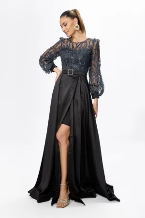 Rochie de ocazie premium din tafta satinata si tull cu paiete si glitter Monterossa Neagra
