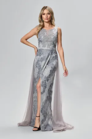 Rochie de ocazie premium din tull brodat cu perlute Nevera Gri