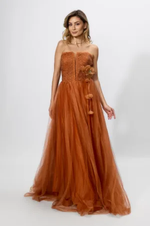 Rochie de ocazie premium din tull cu broderie si glitter Timeless Caramizie