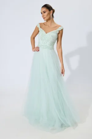 Rochie de ocazie premium din tull cu dantela si strass-uri Diamond Mint