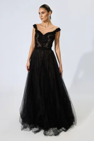 Rochie de ocazie premium din tull cu dantela si strass-uri Diamond Neagra