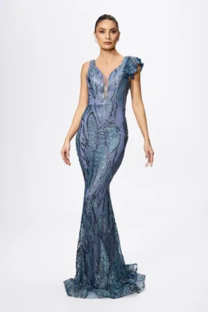 Rochie de ocazie premium din tull cu glitter si volan pe umar Exclusive Indigo