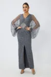 Rochie de ocazie premium din tull cu maneci bufante si strass-uri Celebrity Gri