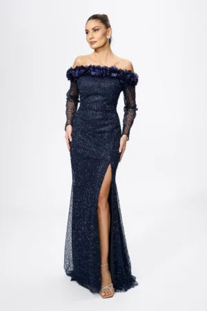 Rochie de ocazie premium din tull cu paiete si flori 3D Lucasta Bleumarin