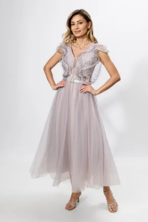 Rochie de ocazie premium din tull cu strass-uri Bloom Gri
