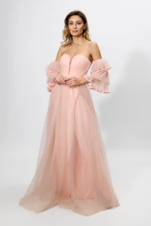 Rochie de ocazie premium din tull cu volane pe maneci Delightful Peach
