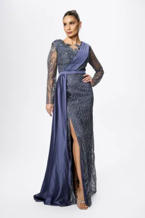 Rochie de ocazie premium din tull si satin cu paiete si strass-uri Monalisa Gri