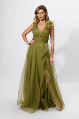 Rochie de ocazie premium din voal cu floare 3D pe umar Guinevere Kaki