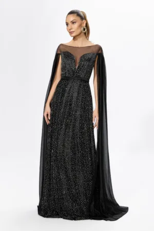 Rochie de ocazie premium din voal cu glitter si strass-uri Trieste Neagra