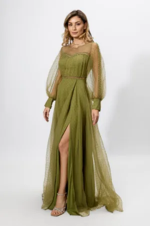 Rochie de ocazie premium din voal cu perlute si crepeu in fata Cressida Kaki