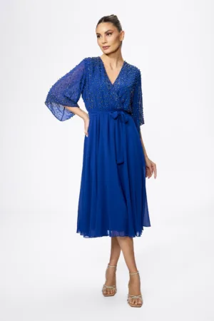 Rochie de ocazie premium din voal cu strass-uri si cordon in talie Legra Albastra