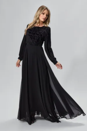 Rochie de ocazie premium din voal cu strass-uri si pene Parizian Neagra