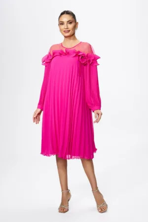 Rochie de ocazie premium din voal plisat cu brosa tip floare Marren Ciclam