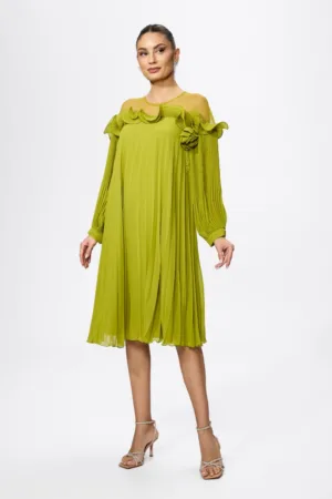 Rochie de ocazie premium din voal plisat cu brosa tip floare Marren Fistic