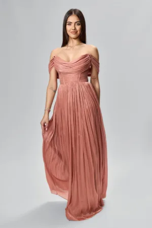 Rochie de ocazie premium din voal satinat cu umerii goi Diafane Somon