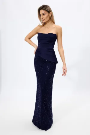 Rochie de ocazie premium fara bretele accesorizata cu paiete Khristal Bleumarin