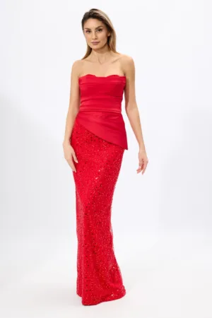Rochie de ocazie premium fara bretele accesorizata cu paiete Khristal Rosie