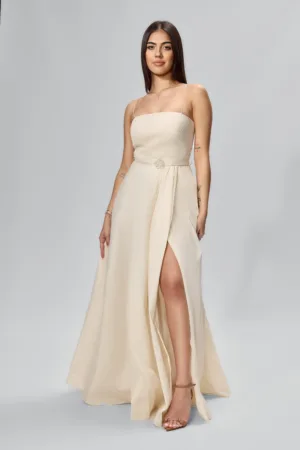 Rochie de ocazie premium in clos cu paiete pe bust Merrida Ecru