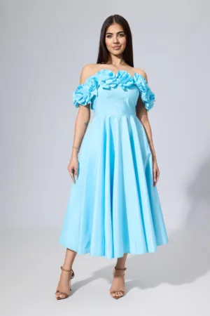 Rochie de ocazie premium midi tip baby doll cu flori 3D Otheea Bleu