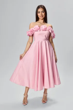 Rochie de ocazie premium midi tip baby doll cu flori 3D Otheea Rose