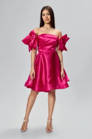 Rochie de ocazie premium tip baby doll din satin cu fundite Felisse Fucsia