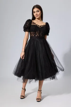 Rochie de ocazie premium tip baby doll din tull cu broderie Omada Neagra