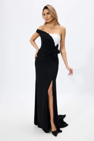 Rochie de ocazie premium tip one shouder cu crepeu pe un picior Scent Neagra