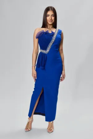 Rochie de ocazie premium tip one shoulder accesorizata cu strass-uri Allegoria Albastra