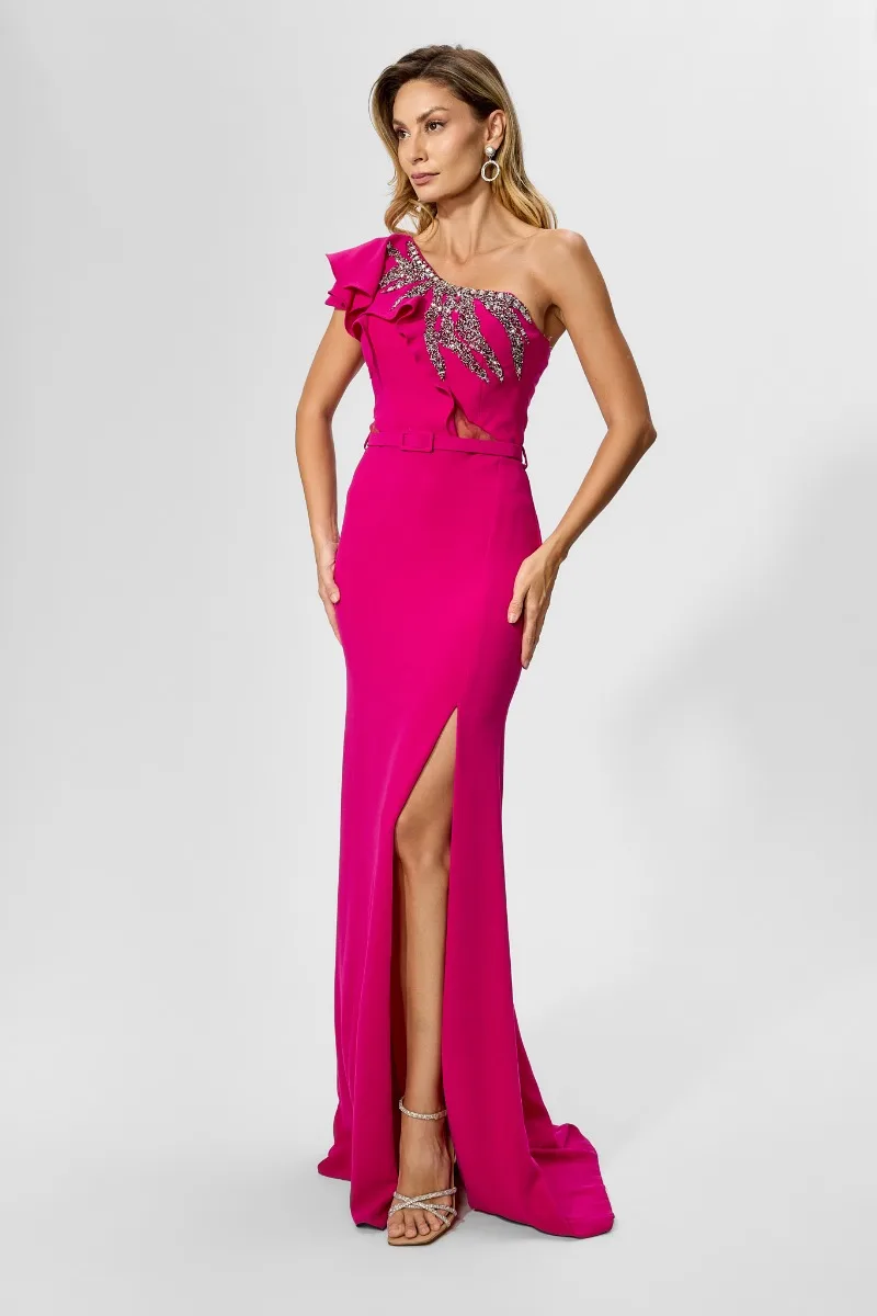 Rochie de ocazie premium tip one shoulder cu crepeu pe un picior Million Fucsia