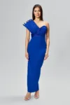 Rochie de ocazie premium tip one shoulder cu detalii 3D Confidence Albastra