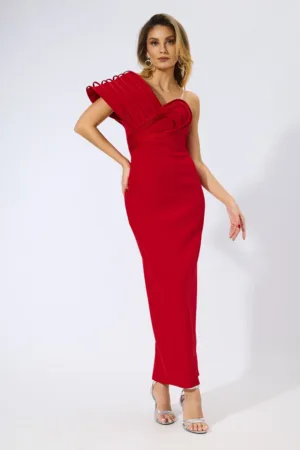 Rochie de ocazie premium tip one shoulder cu detalii 3D Confidence Rosie