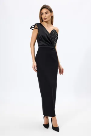 Rochie de ocazie premium tip one shoulder cu strass-uri Eros Neagra