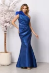 Rochie de ocazie premium tip one shoulder din tafta cu pene Feeria Bleumarin