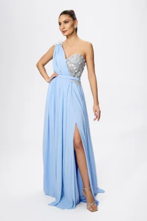 Rochie de ocazie premium tip one shoulder din voal Bella Vita Bleu