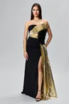Rochie de ocazie premium tip sirena cu detalii aurii Fabiosa Neagra