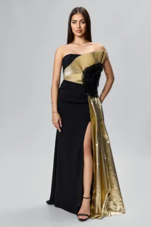 Rochie de ocazie premium tip sirena cu detalii aurii Fabiosa Neagra