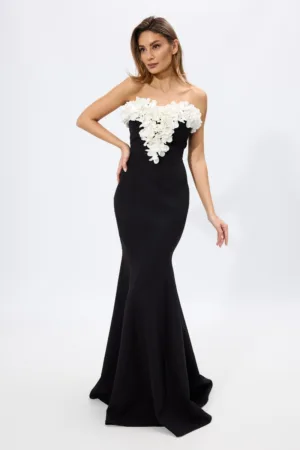 Rochie de ocazie premium tip sirena cu flori 3D la bust Midnight Neagra