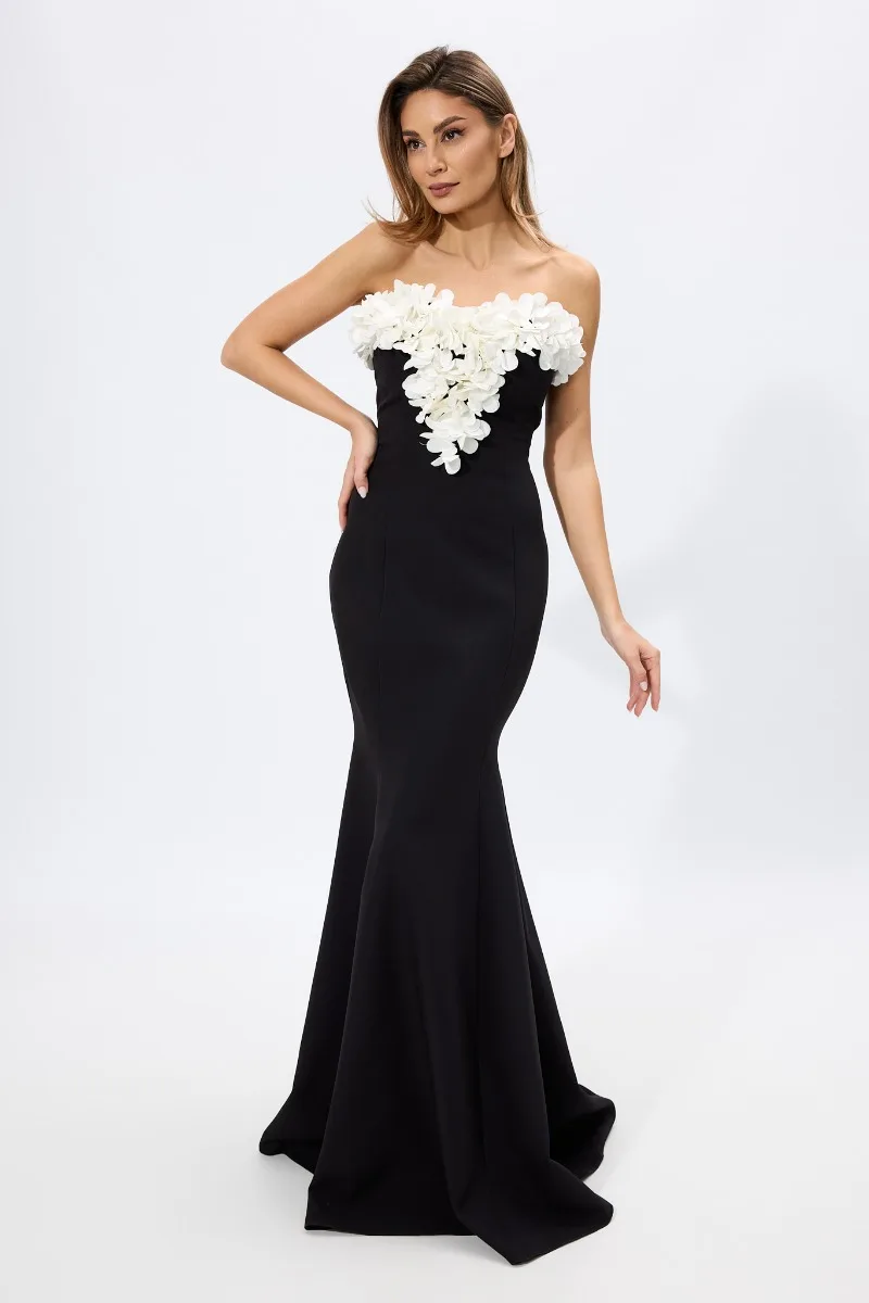 Rochie de ocazie premium tip sirena cu flori 3D la bust Midnight Neagra