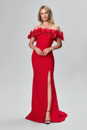 Rochie de ocazie premium tip sirena cu flori 3D si perlute Meralda Rosie